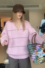 Long Sleeve Sexy V-Neck Striped Pink Knitted Sweater