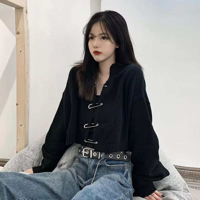 Long Sleeve Big Pin Buckle Cardigan Sweater