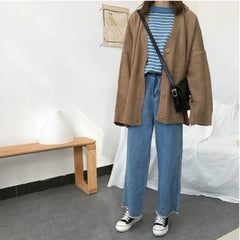 Long Sleeve V-Neck Solid Knitting Cardigan Sweater