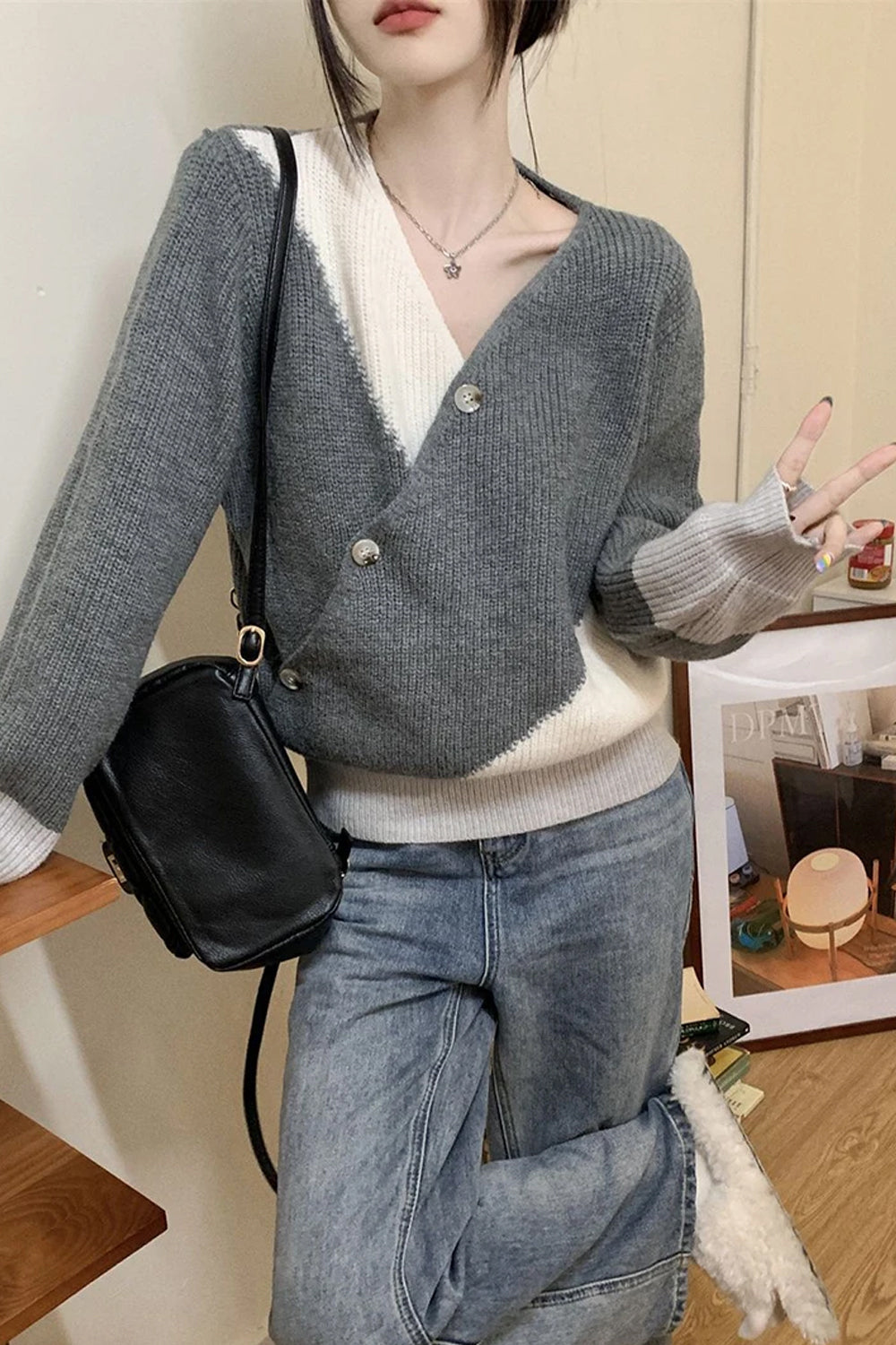Loose V-Neck Irregular Button Sweater