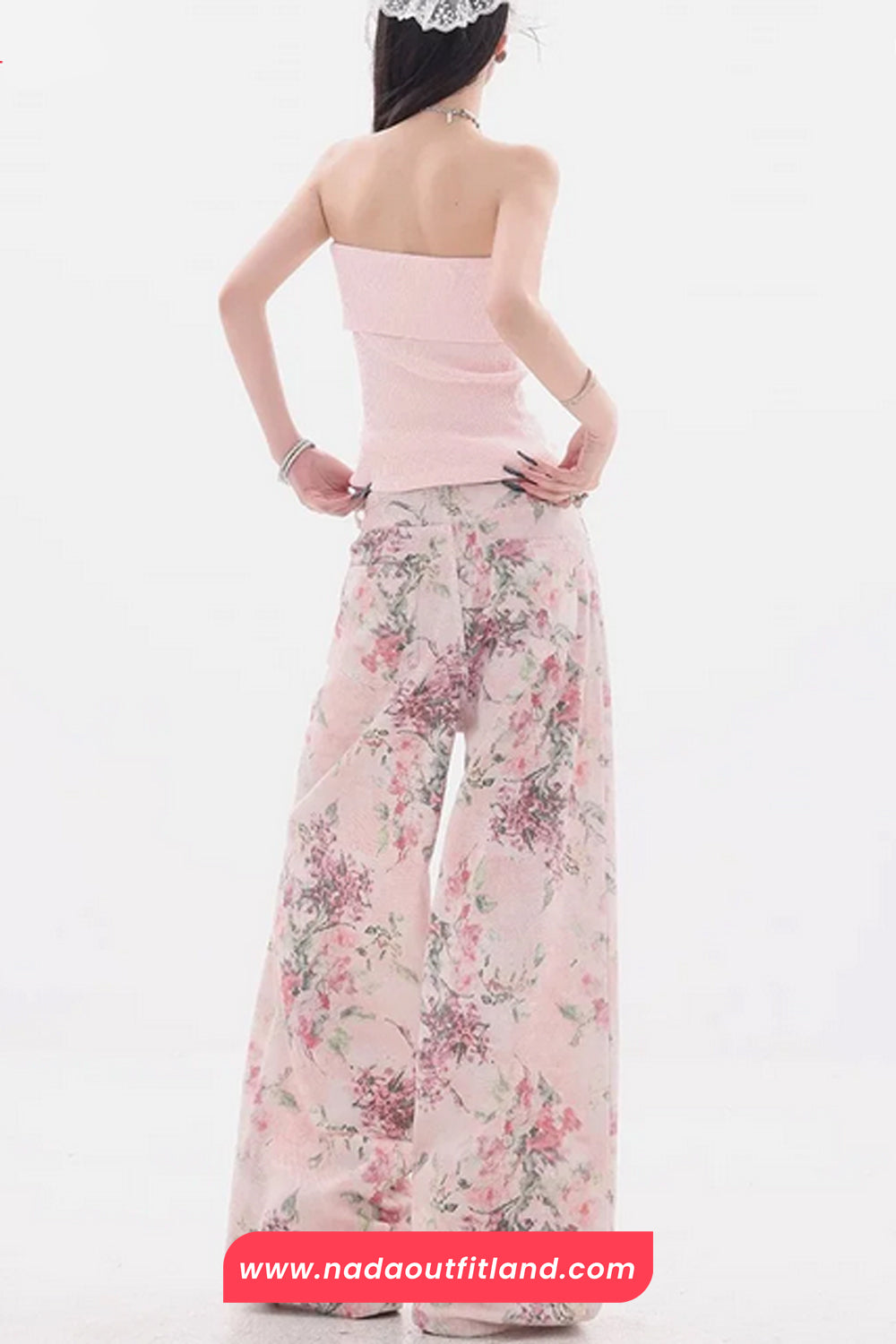 High Waist Floral Pattern Pink Pants