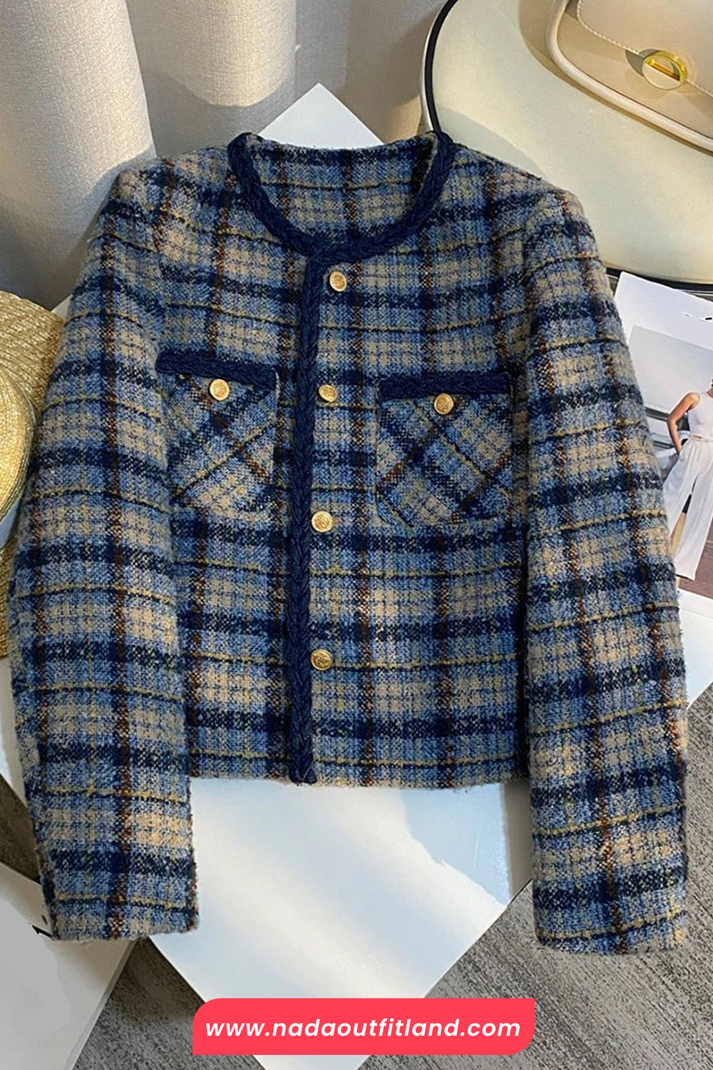 Long Sleeve Retro Elegant Plaid Tweed Jacket