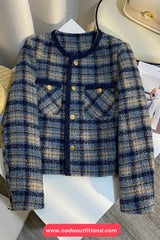 Long Sleeve Retro Elegant Plaid Tweed Jacket