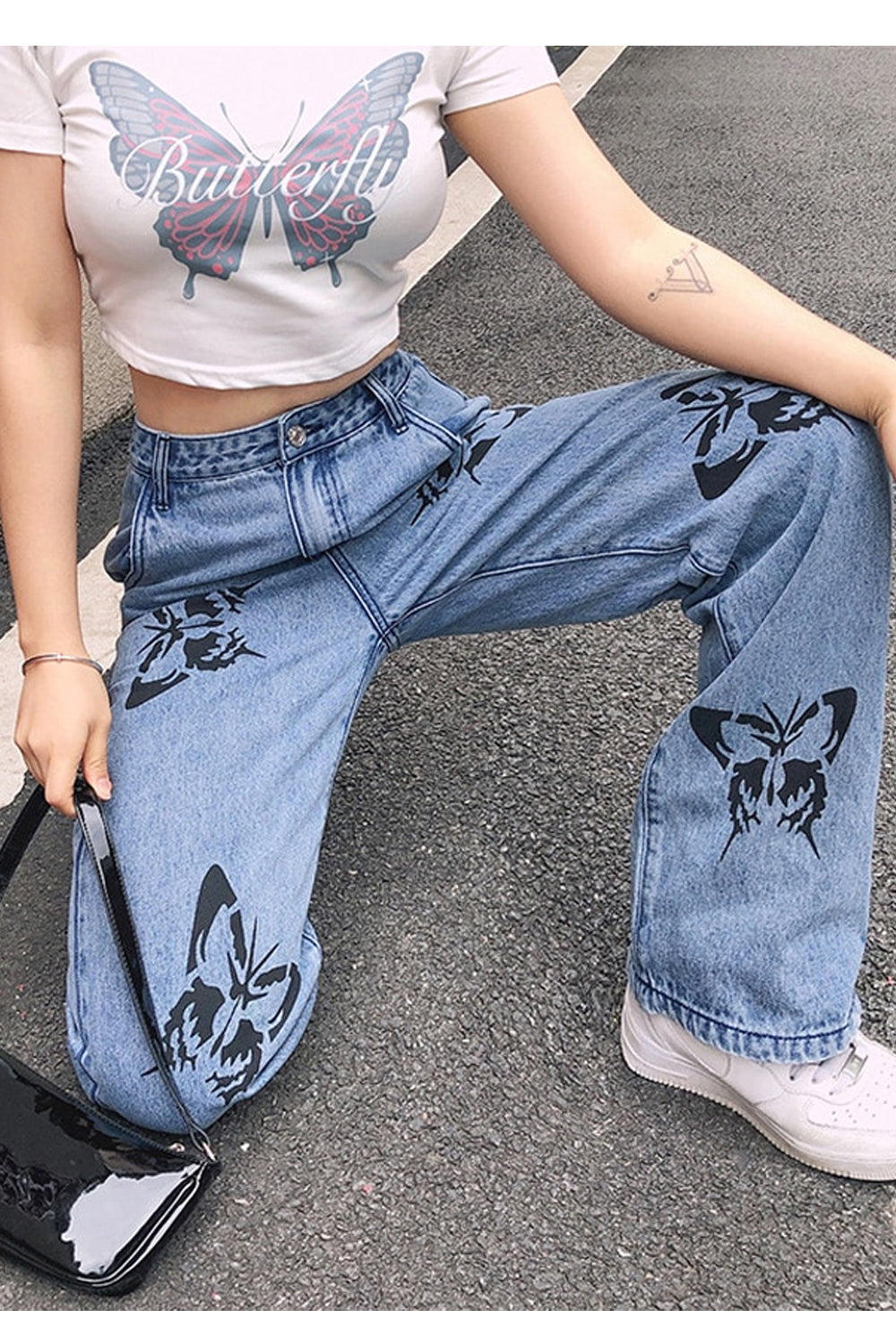 High Waist Butterfly Printed Loose Jeans Pants