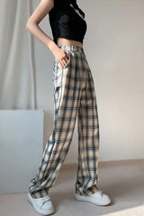 High Waist Plaid Elegant Long Pants