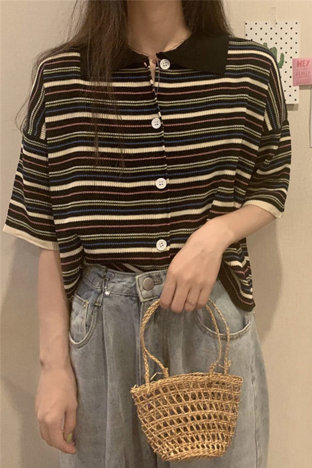 Loose Turn Down Knitted Striped Shirt