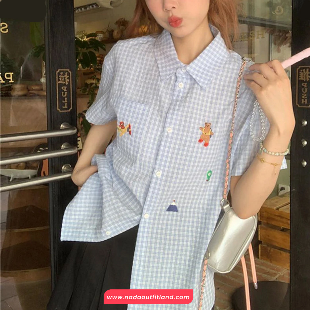 Short Sleeve Cute Bear Embroidery Plaid Blouse Shirt