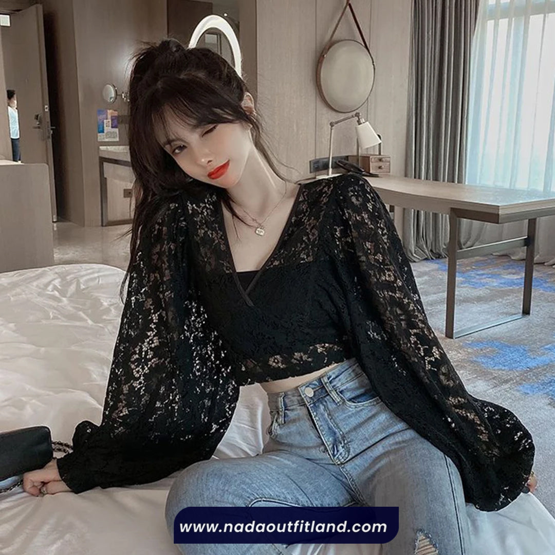 Batwing Sleeve Backless Cropped Lace Blouse Shirt