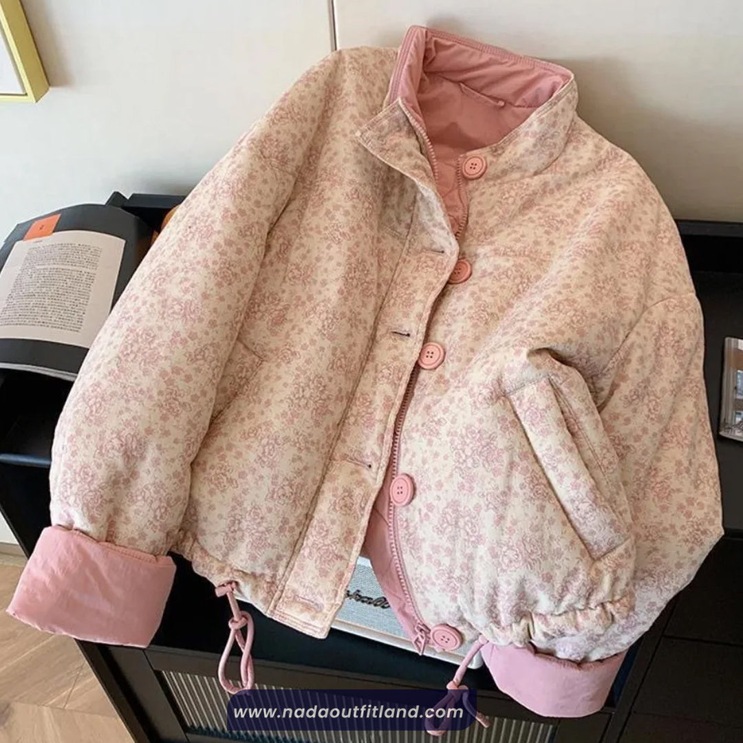 Stand Collar Floral Pattern Thick Warm Jacket