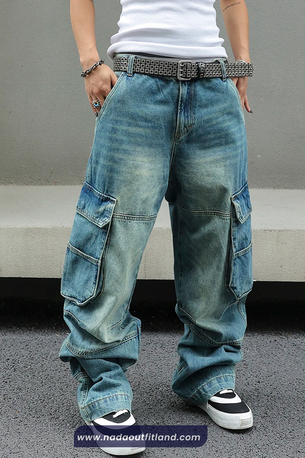 Loose Multi Flap Pockets Men Jeans Pants