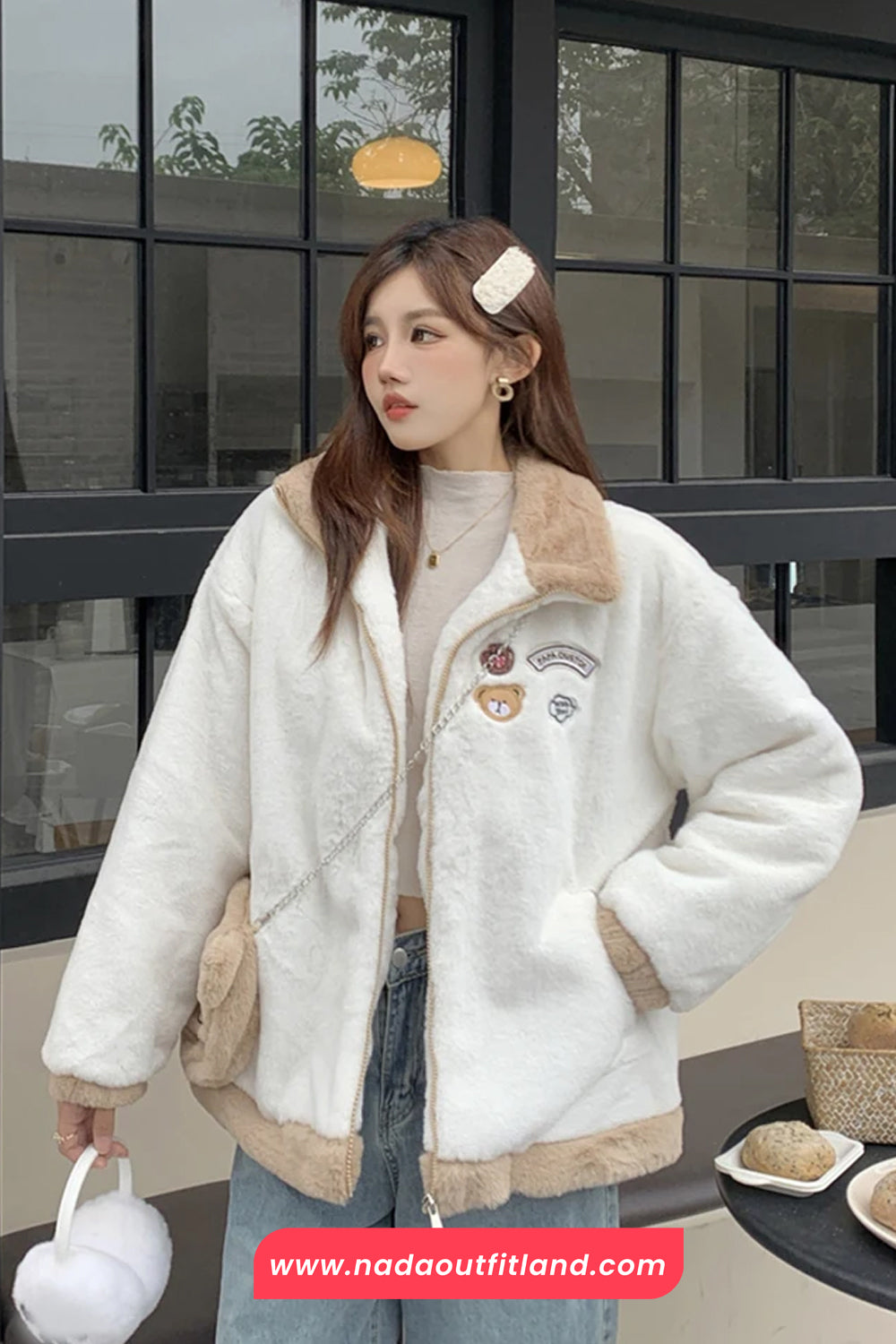 Loose Stand Neck Cute Bear Embroidered Zipper Jacket
