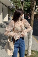 Hanging Neck Square Collar Floral Blouse Shirts