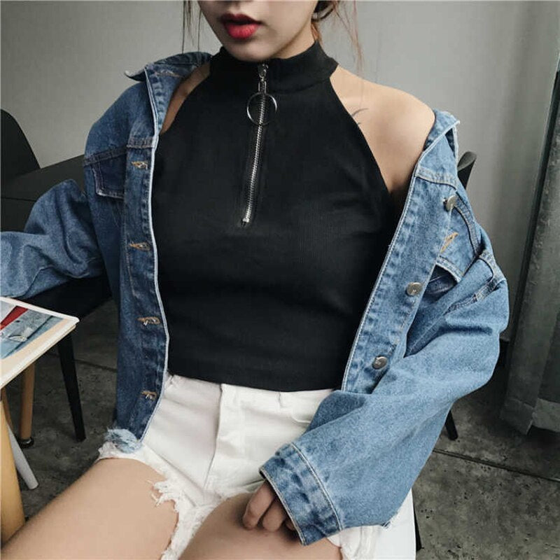 Sexy Sleeveless High Collar Zipper Crop Tops