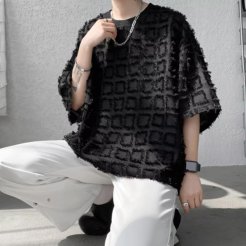 Loose Half Sleeve Ripped Plaid Pattern Men Shirt