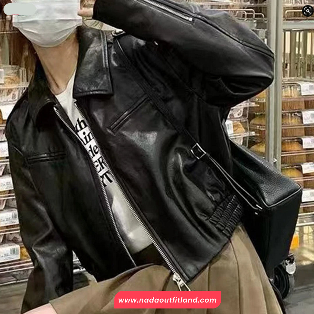 Long Sleeve Turn Down Collar Black Leather Cropped Jacket