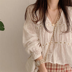 V-Neck Flower Hollow Out Loose Blouse Shirt