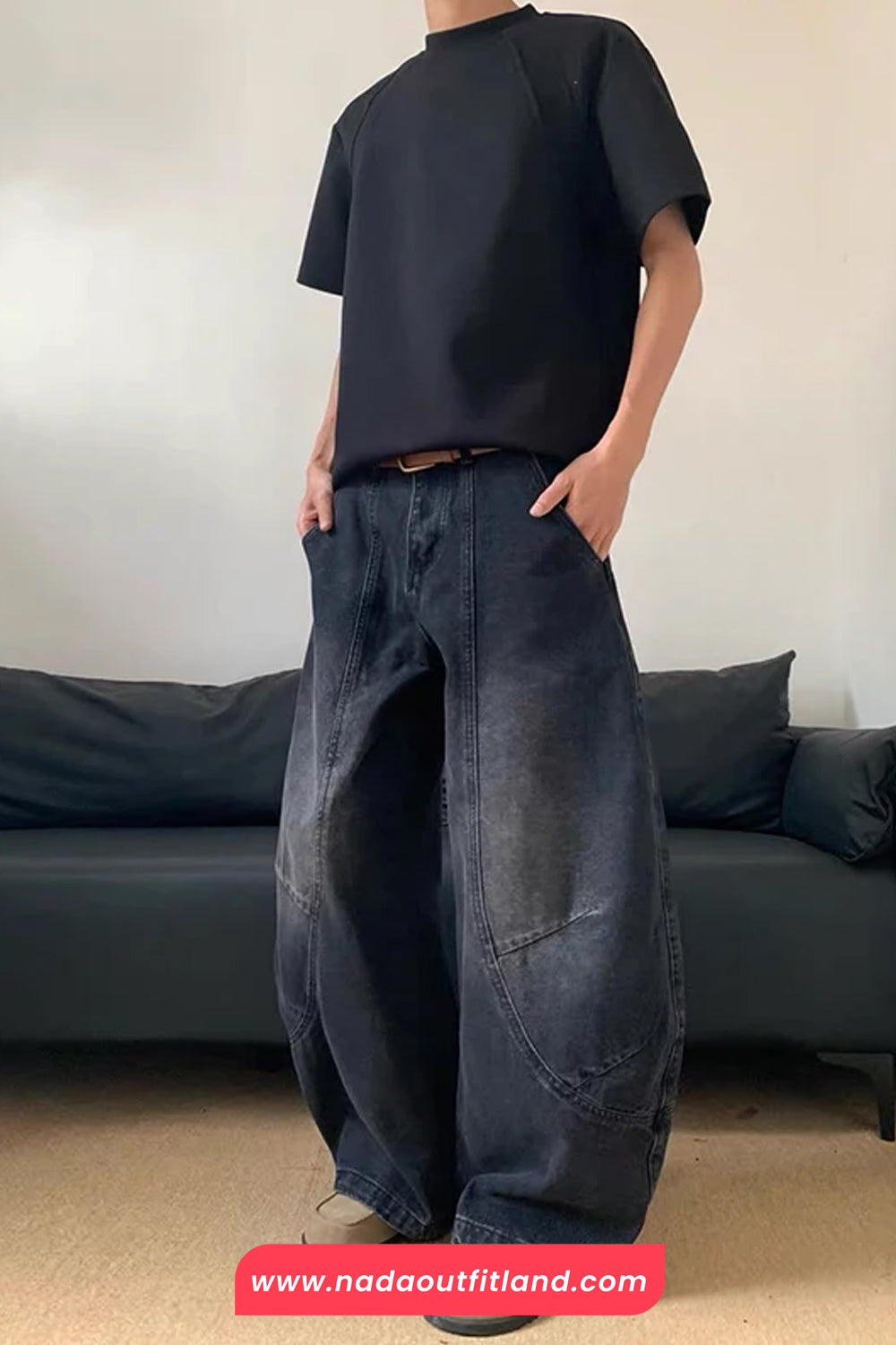 High Waist Washed Black Men Jeans Pants