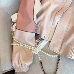 Long Sleeve Casual Cropped Pink Leather Jacket