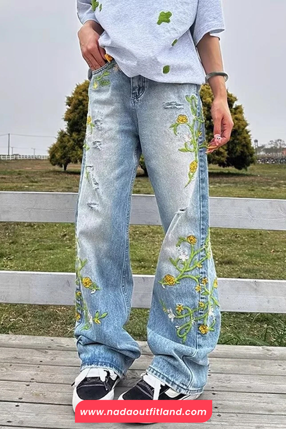 High Waist Side Floral Embroidered Men Jeans Pants