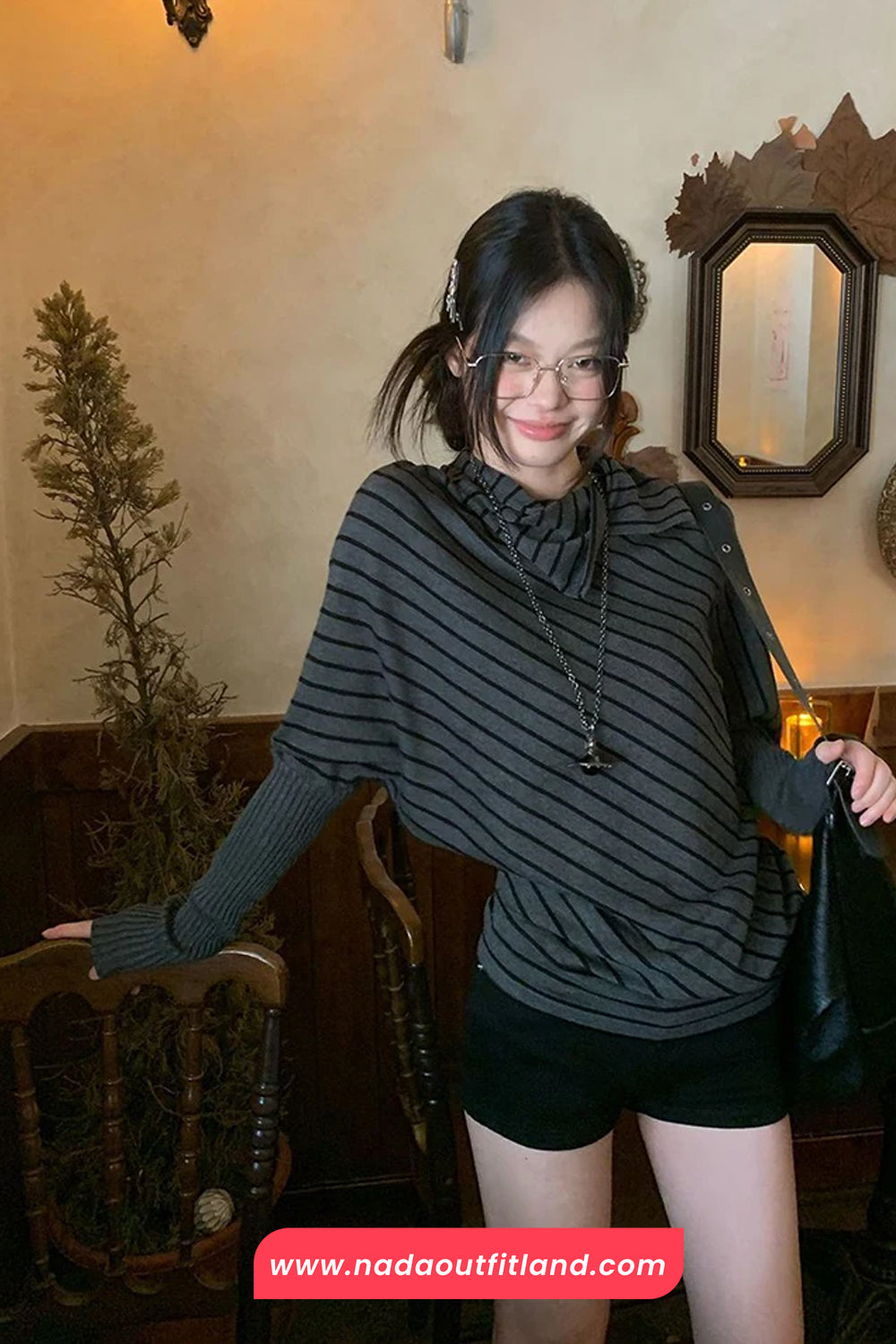 Long Sleeve Irregular Collar Grey Striped Sweater