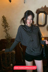 Long Sleeve Irregular Collar Grey Striped Sweater