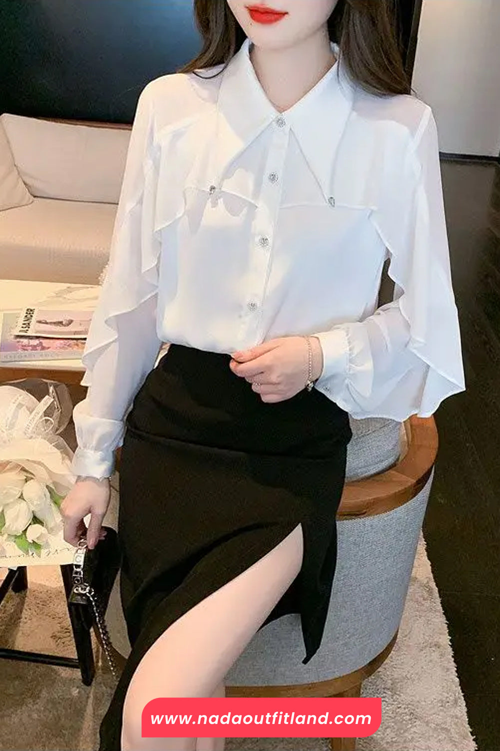 Long Sleeve Ruffled Style Chiffon Blouse Shirts
