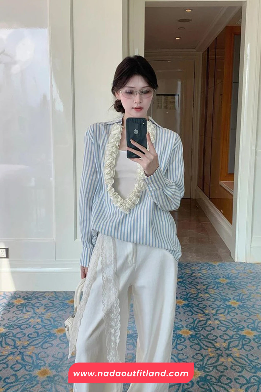 Long Sleeve 3D Floral Open Collar Striped Blouse Shirt