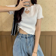 Love Hole Pattern Cropped Slim Shirt
