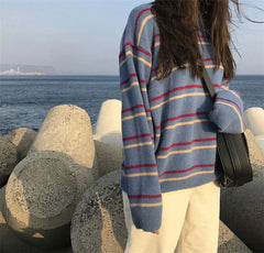 Loose O-Neck Knitted Striped Sweater