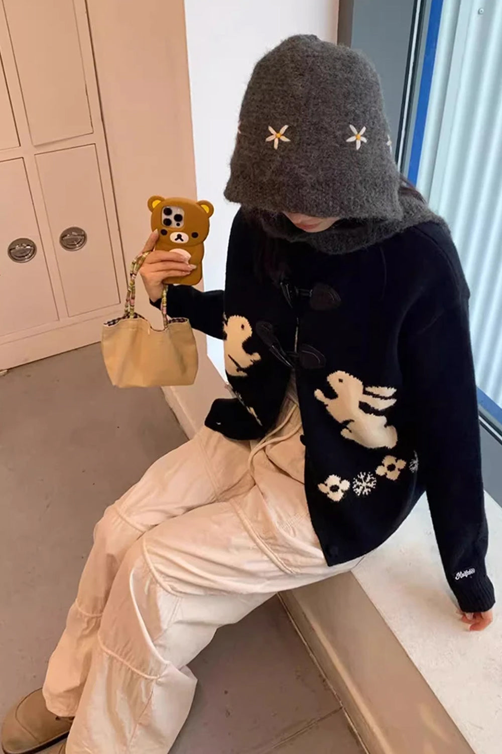 Long Sleeve Cute Rabbit Pattern Knitted Cardigan Sweater