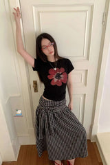 Vintage Plaid Bandage Pleated Long Skirts