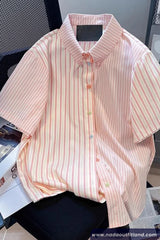Short Sleeve Stars Button Pink Striped Blouse Shirt