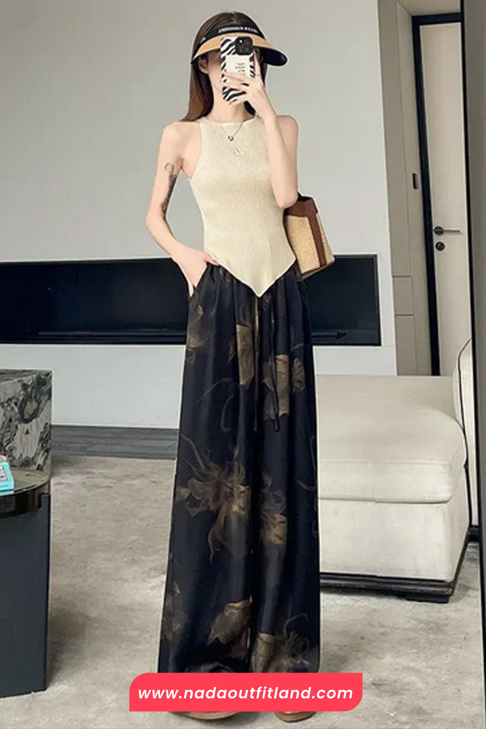 Elastic Waist Floral Pattern Black Long Pants