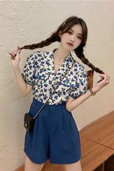 Vintage Florals Pattern Puff Sleeve Blouse Shirt