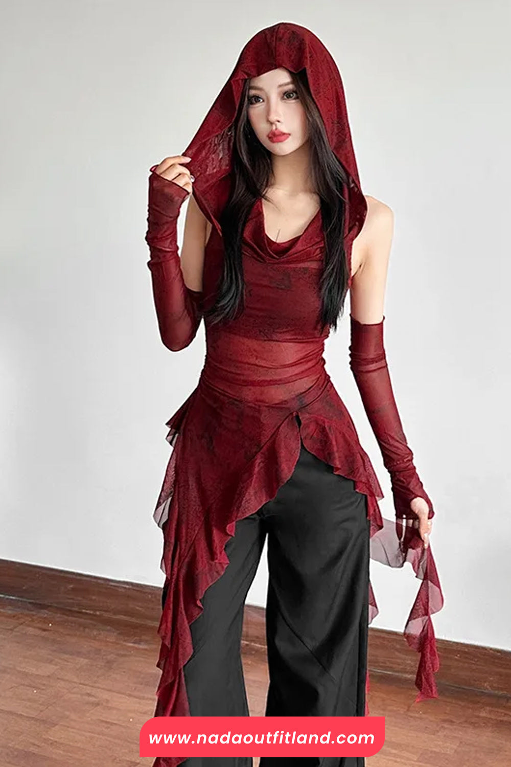 See Through Irregular Hooded Ruffles Slim Shirt