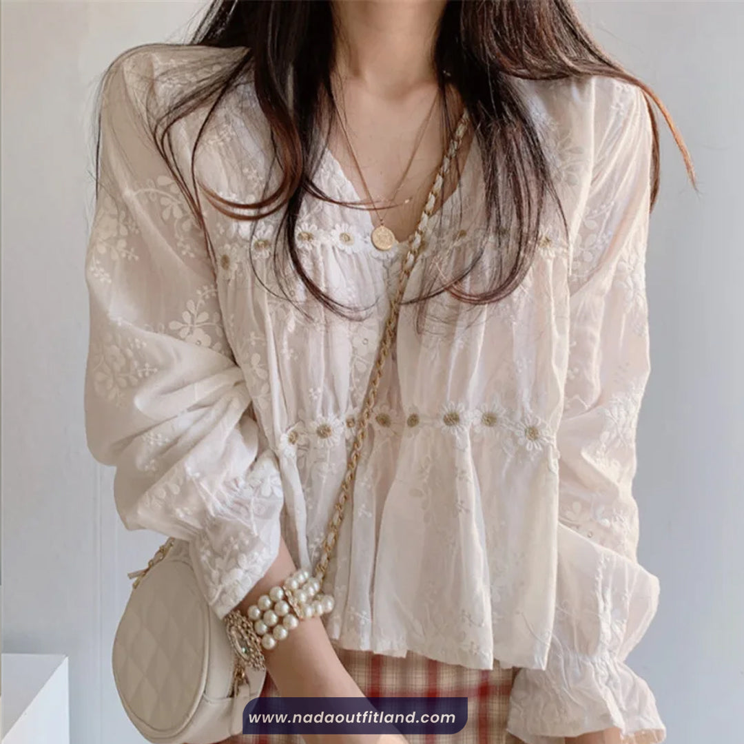 Long Sleeve V-Neck Lace Material Blouse Shirt