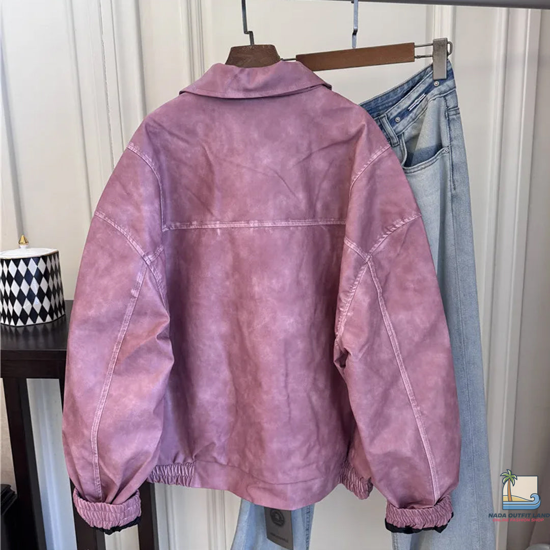 Loose Lapel Collar Pink Matte Zipper Jacket