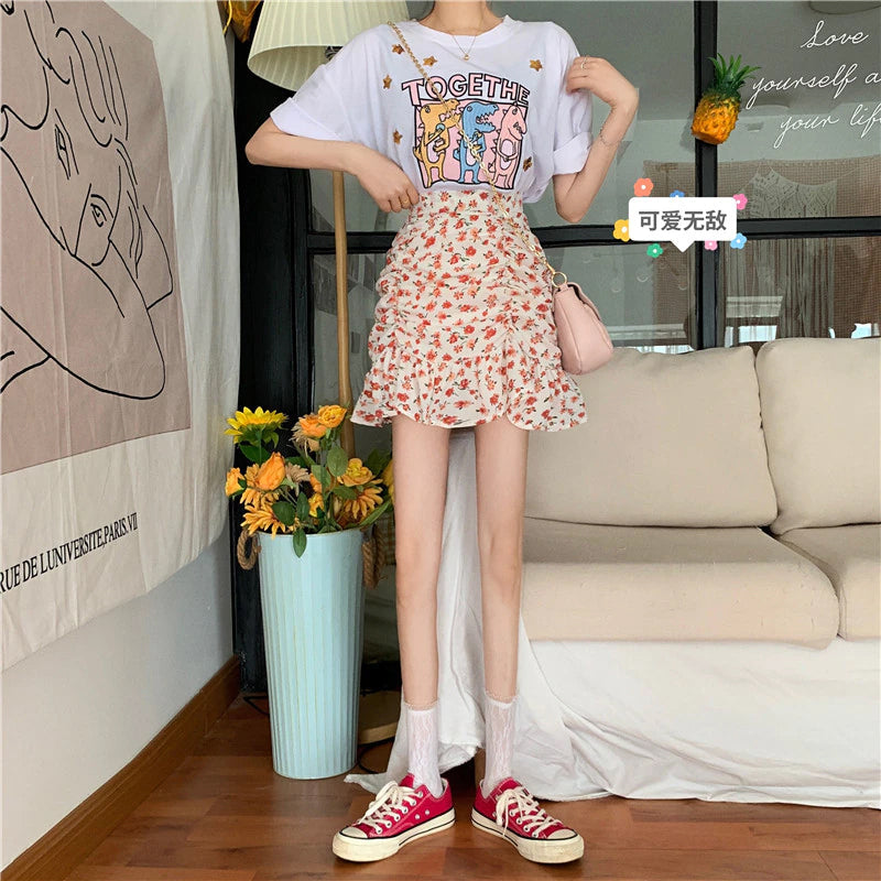 Flowers Pattern Folds Sexy Mini Skirts