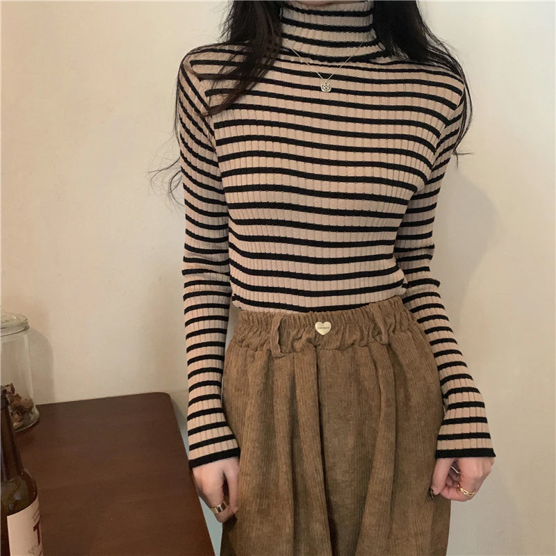 Retro Striped Turtleneck Slim Sweater