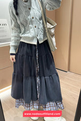High Waist Retro Plaid Patchwork Corduroy Fake Two Long Skirts