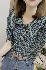 Puff Sleeve Peter Pan Collar Design Plaid Shirt