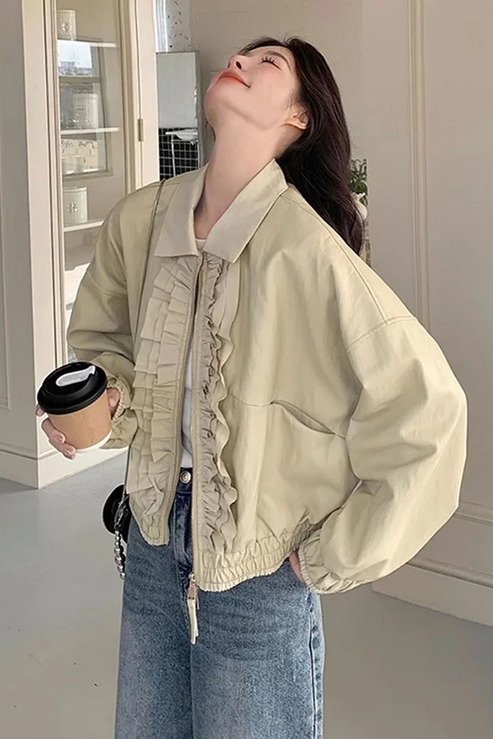 Long Sleeve Sweet Ruffled Cargo Jacket