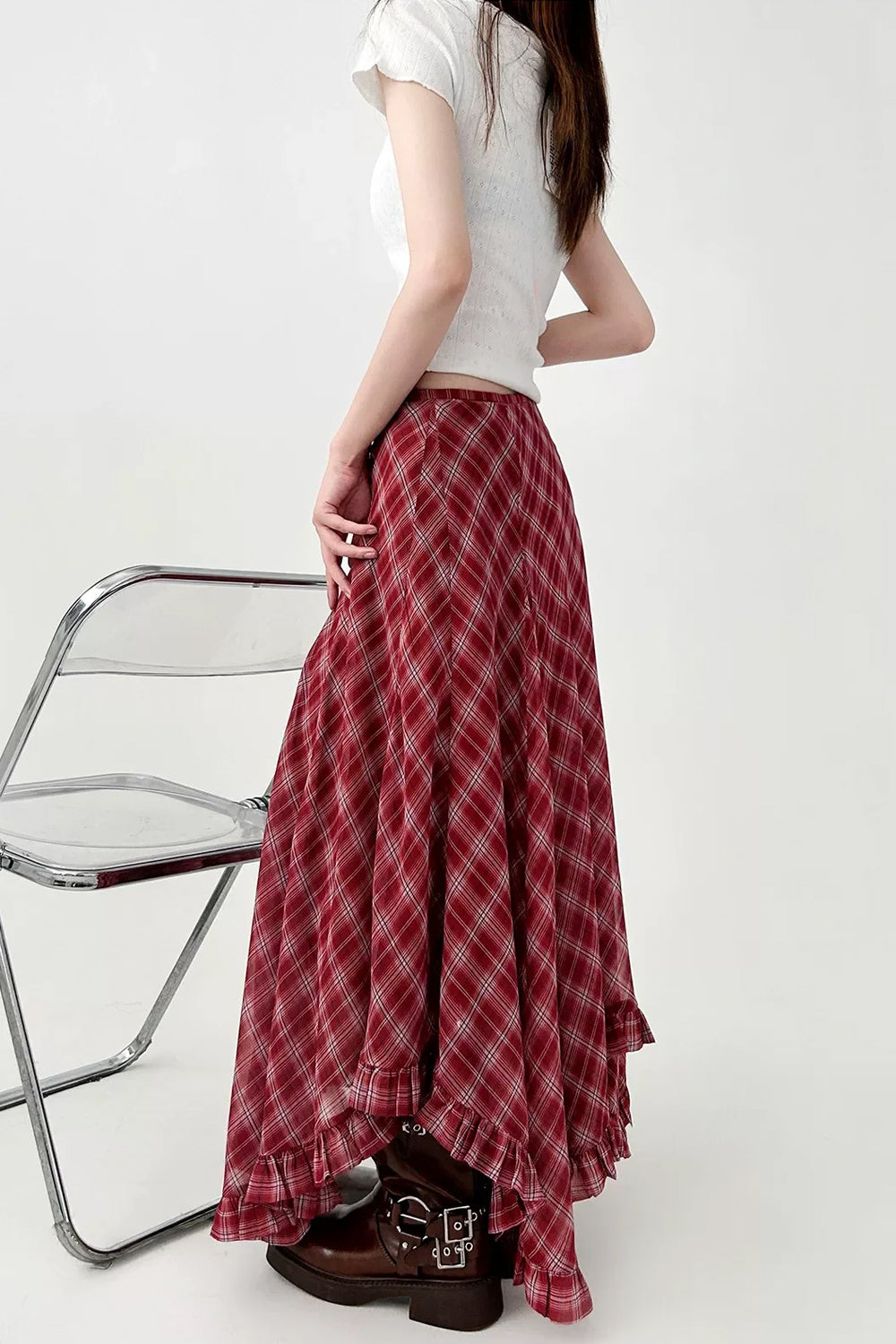Vintage Two Tone Asymmetrical Plaid Flounce Midi Skirts