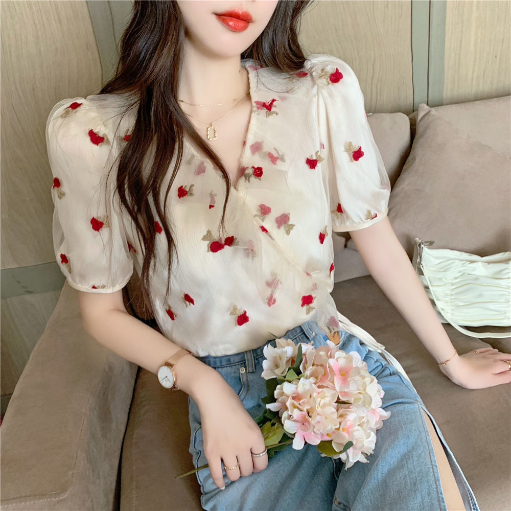 V-Neck Rose Pattern Double Mesh Blouse Shirt