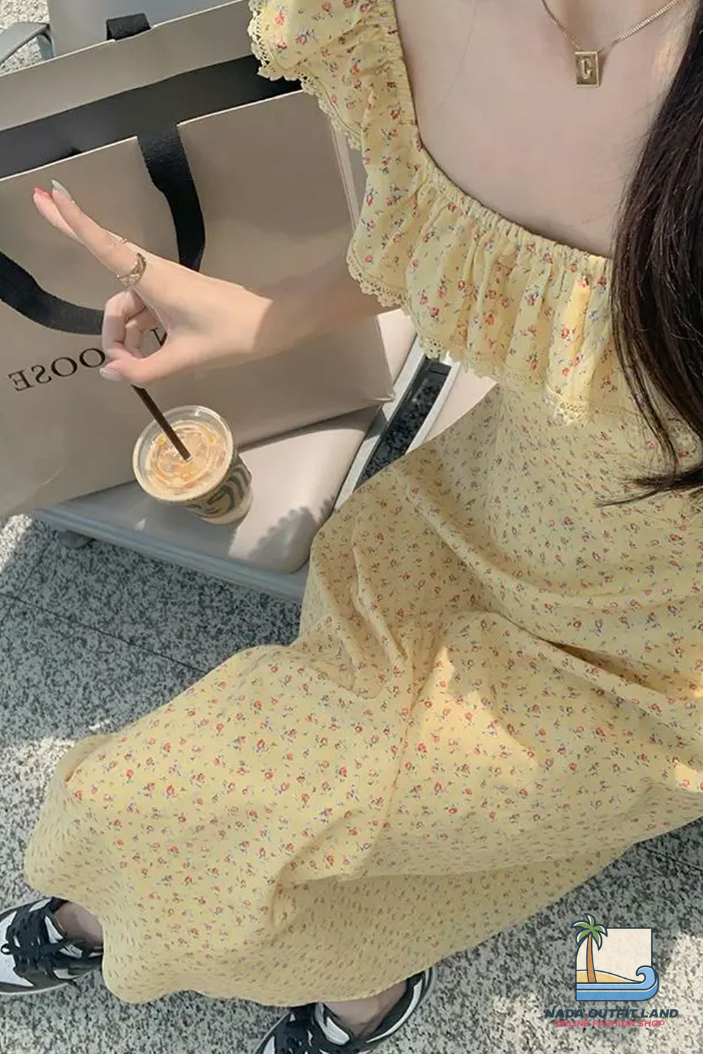 Square Collar Floral Pattern Ruffles Midi Dress