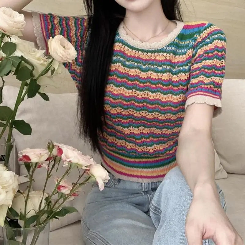 Short Sleeve O-Neck Striped Knitted Slim Shirt