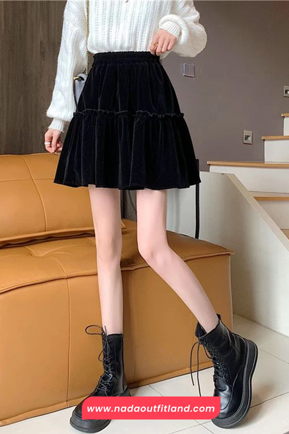 High Waist Solid A-Line Velvet Mini Skirts