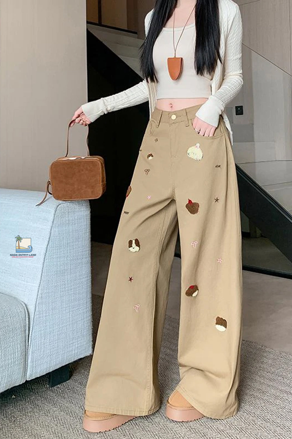 High Waist Loose Cute Dog Embroidered Khaki Jeans Pants