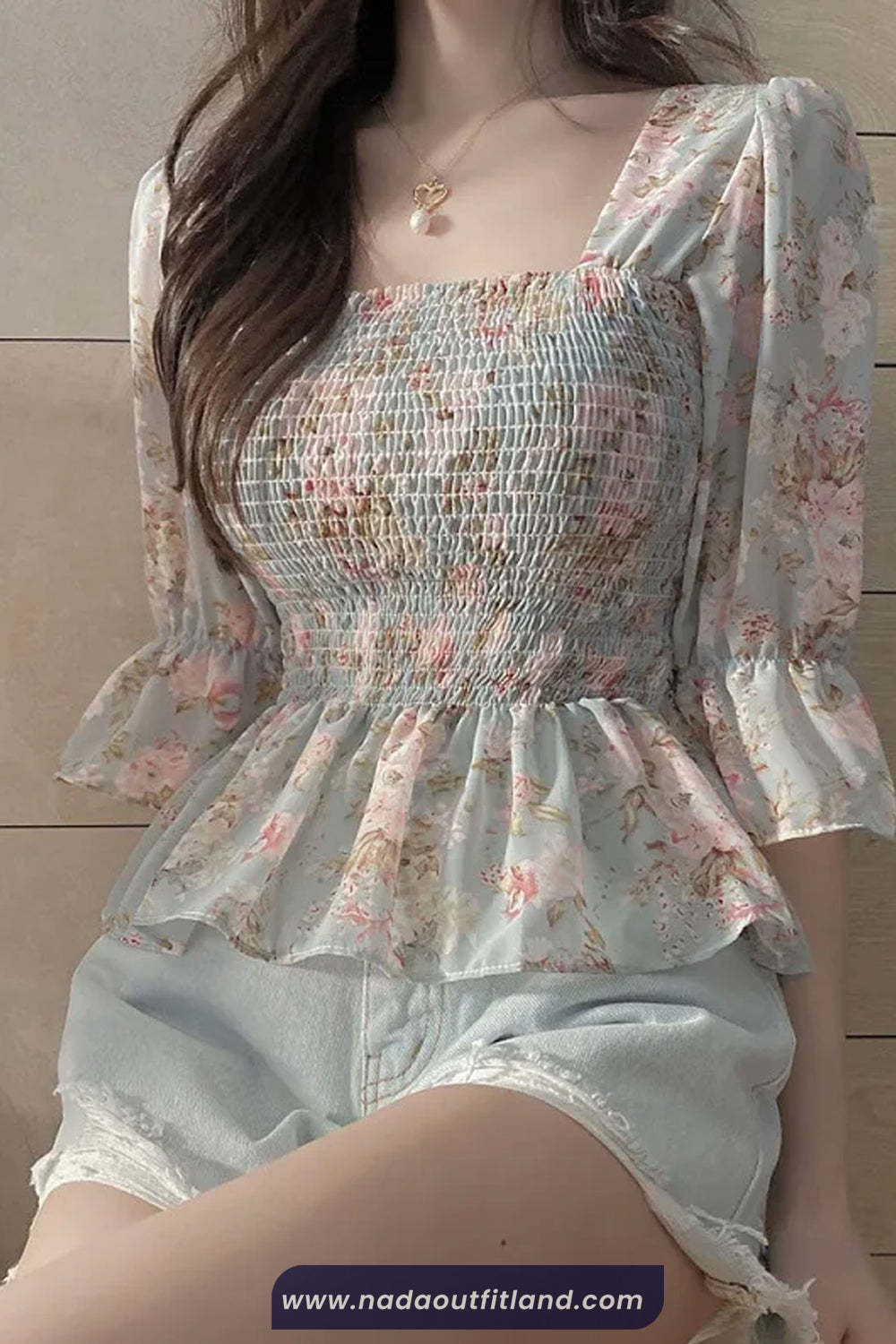 Lantern Sleeve Floral Printed Slim Blouse Shirt