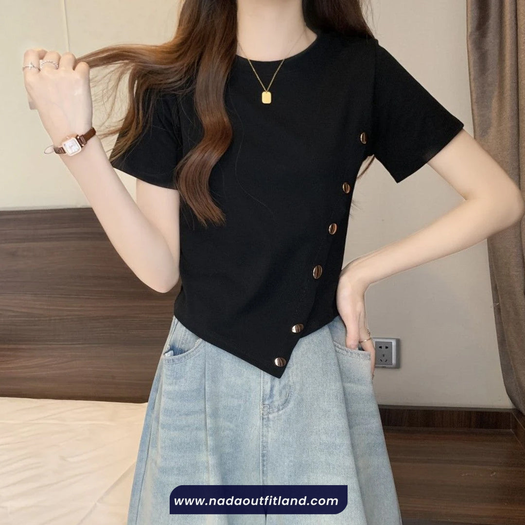Short Sleeve Asymmetrical Design Side Button Shirt